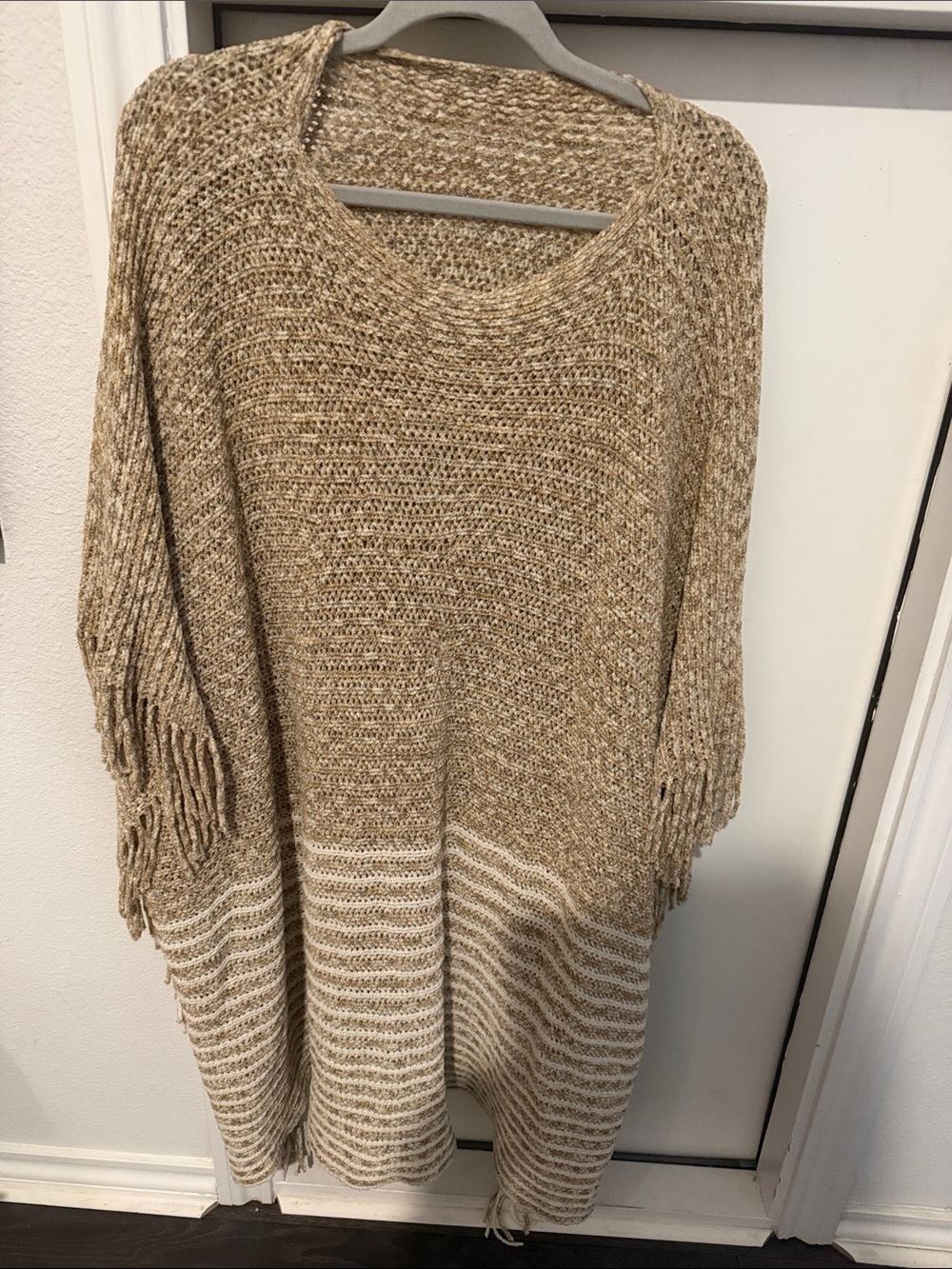 Anthropologie Beige and Cream Fringe Knit Poncho
